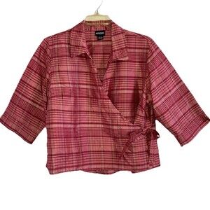 NOTATIONS sz 1X 100% Silk Taffeta Wrap Blouse Top 3/4 Sleeve Pink Plaid